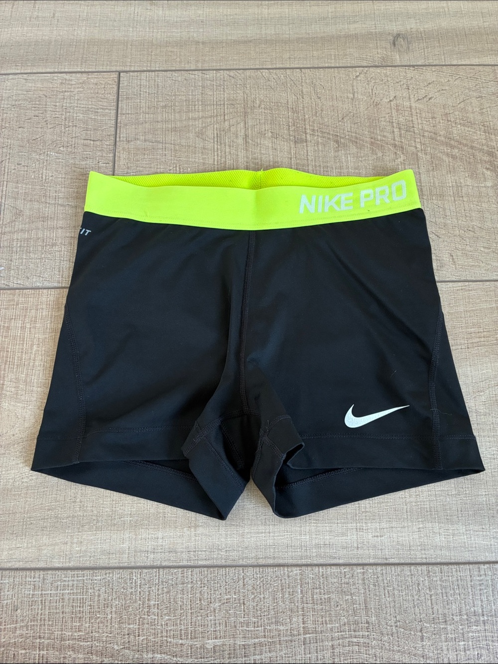 Nike Pro Black Athletic Shorts with Neon Yellow Waistband